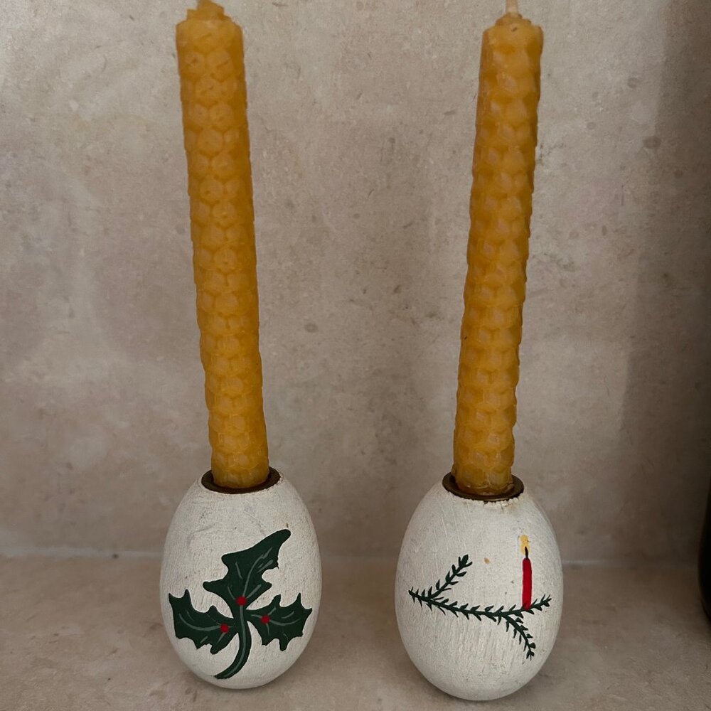 RARE Vintage ANNE BEATE Small Handpainted Danish Wooden Christmas Candle Holders